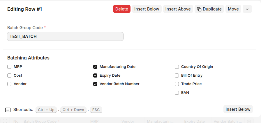 A batch group row - tick only the attributes that this batch group requires.