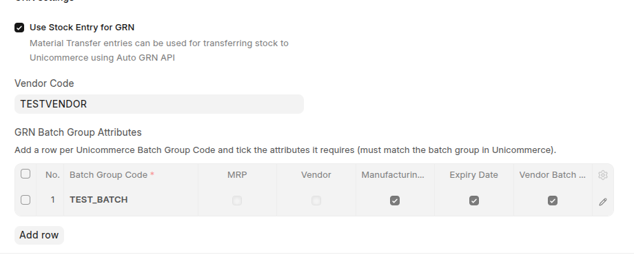 GRN settings - Use Stock Entry for GRN, the Vendor Code, and the Batch Group Attributes table.