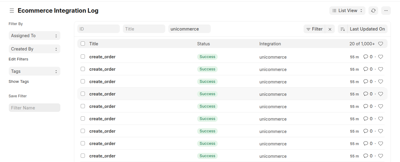 The Ecommerce Integration Log - one entry per sync action.