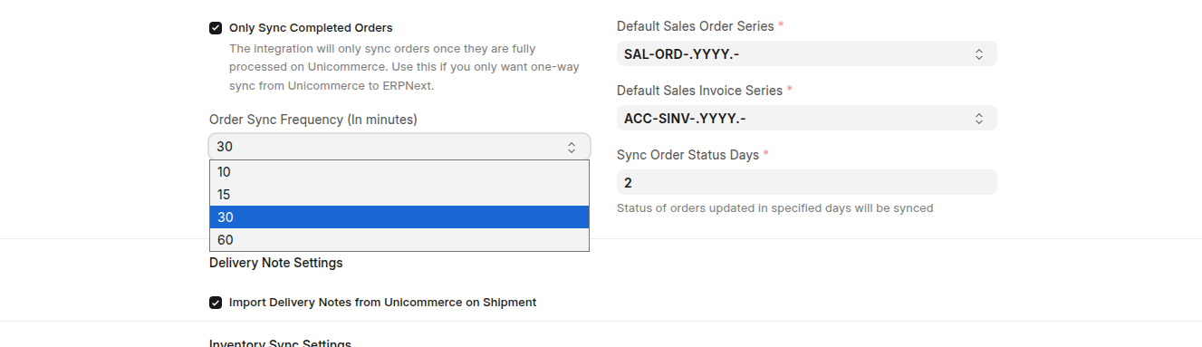 Sales Order Sync Settings - sync frequency, naming series, and the status window.
