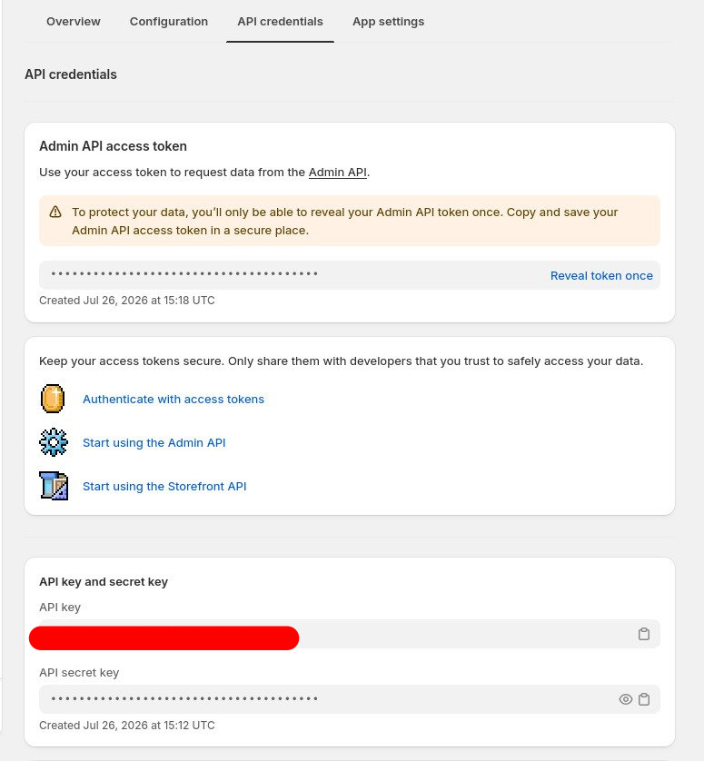 Admin API access token and API key / secret key fields.