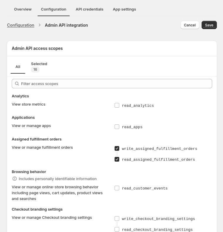 The app Overview tab - Configure Admin API scopes.