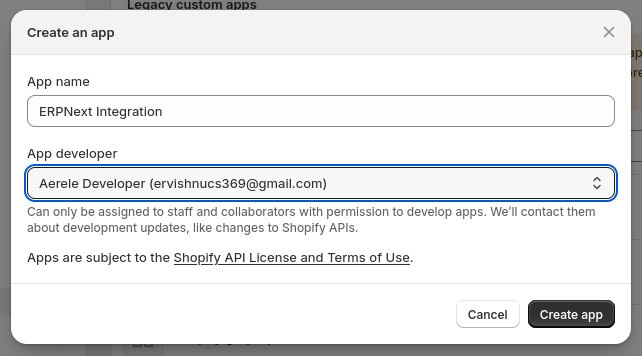The Create an app dialog - app name and developer.