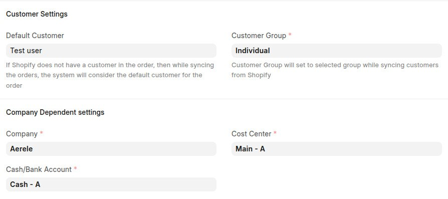 Customer Settings, Company Dependent settings, and Inventory Settings on Shopify Setting.
