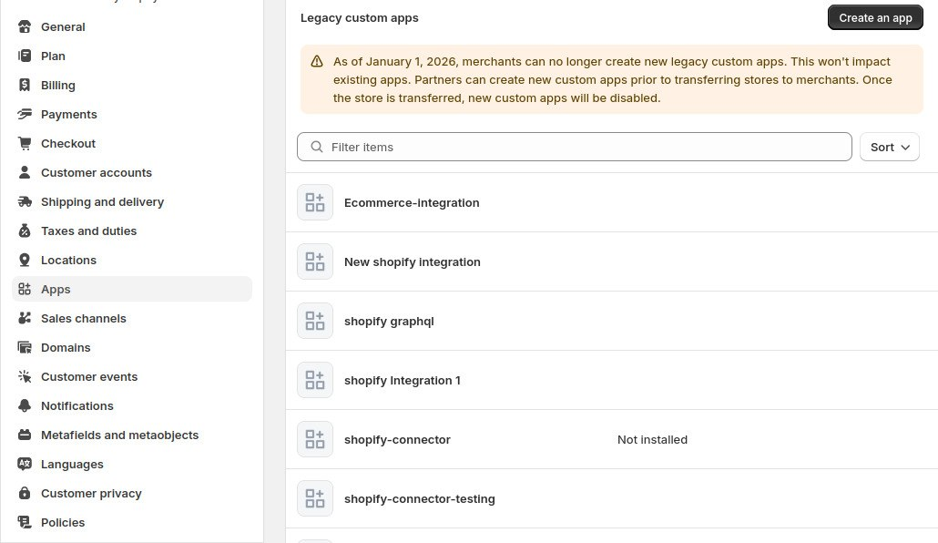 Shopify's Develop apps for your store panel.