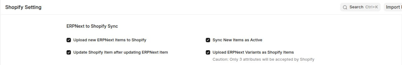 The ERPNext to Shopify Sync section of Shopify Setting.