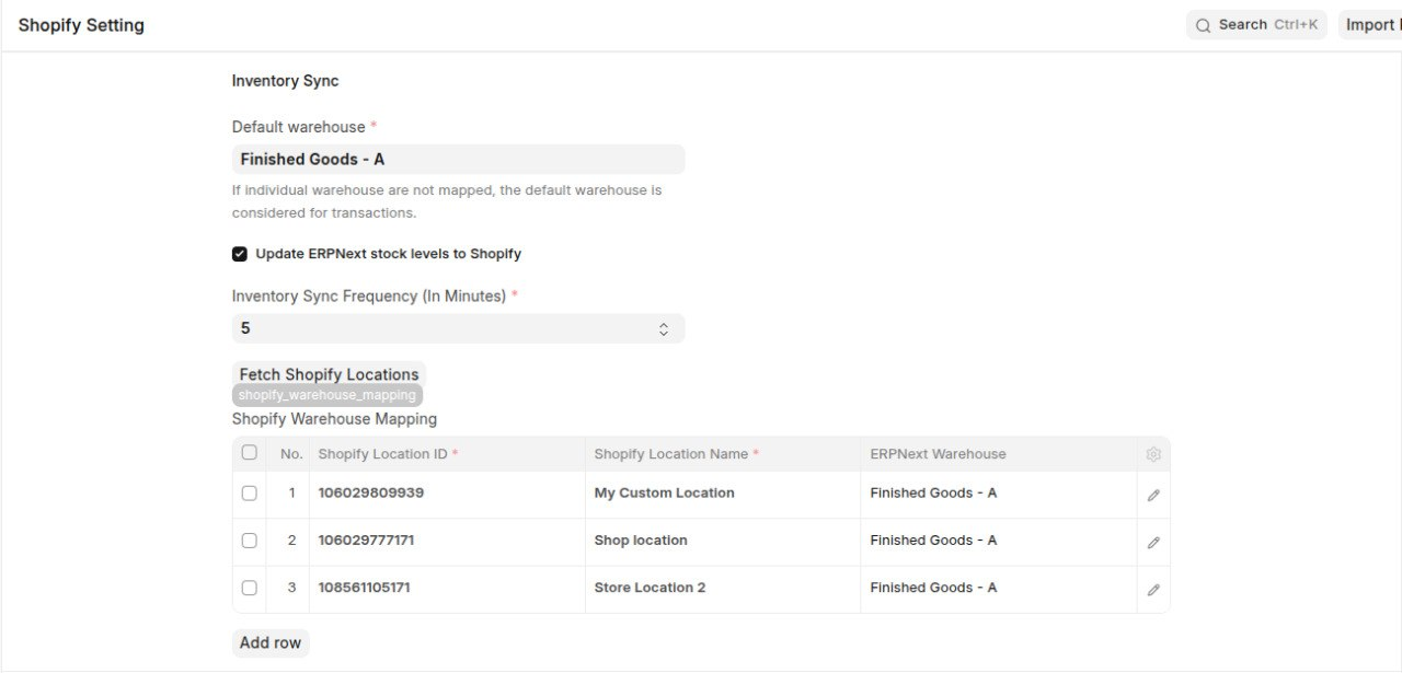 Inventory Sync - map ERPNext warehouses to Shopify locations.