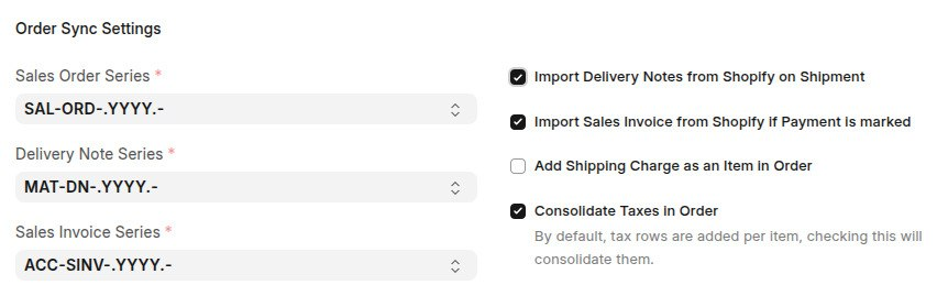 Order Sync Settings - Sales Order Series and the Delivery Note / Sales Invoice options.