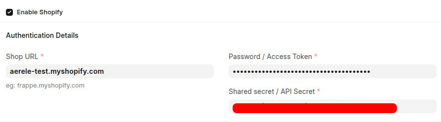 Shopify Setting — Authentication Details (Shop URL, token and secret shown masked).