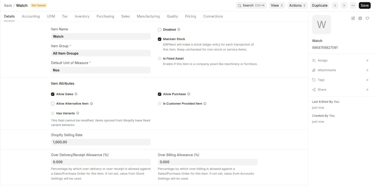 A product synced from Shopify, now an ERPNext Item.