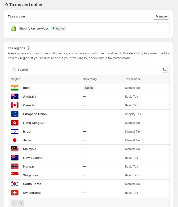 Shopify's tax settings - where the tax names you map come from.
