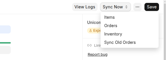 The Sync Now menu - trigger an order or inventory sync on demand.
