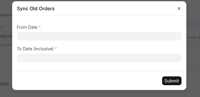 The Sync Old Orders dialog - choose a From and To date to backfill.
